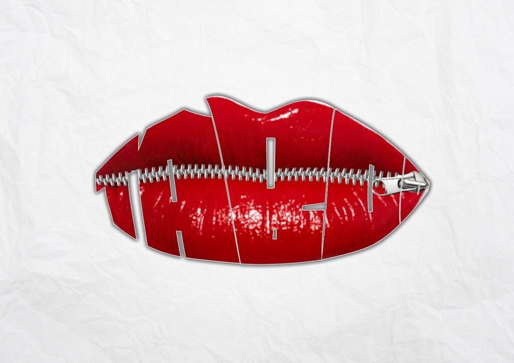 red lips with zipper closing the mouth, gossip, kiss and tell, bullying