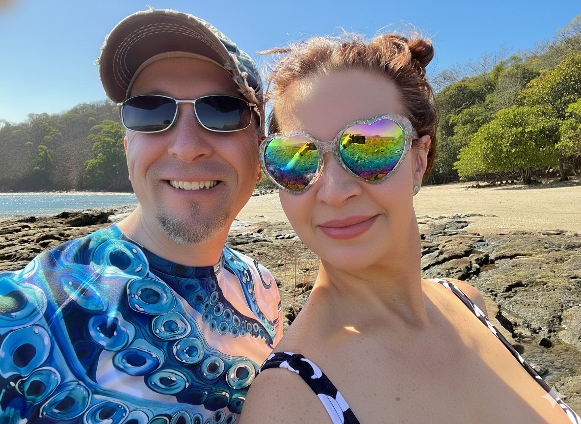 Ed and Phoebe on a beach during one of their swinger vacations
