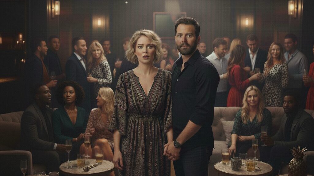 How to Get Started Swinging: A Fearless Beginner's Guide for 2026 12 A wide shot of a sophisticated lounge or bar, dimly lit with warm ambient lighting and distinctive circular overhead lights. In the foreground, a man with a beard and a woman with blond hair, both looking surprised or concerned, stand holding hands. Behind them, a bustling party unfolds with numerous guests mingling, chatting, and holding drinks. On the left couch, a black man in a suit sits next to a black woman and a blond woman. On the right couch, another black man is seated, along with two blond women. Other guests, primarily Caucasian men and women, are visible standing in groups throughout the background. The atmosphere suggests a social gathering, possibly an upscale event, with elements of mystery or tension focused on the central couple.